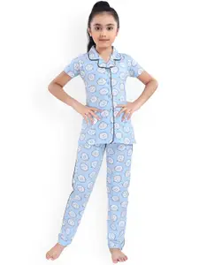 9shines Label Girls Blue & White Printed Pure Cotton Night suit
