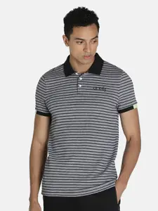 Puma Men Black & Grey Striped one8 Virat Kohli Polo Collar Cotton Slim Fit T-shirt