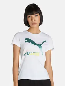 Puma Women White & Green Classics Logo Tee Printed T-shirt