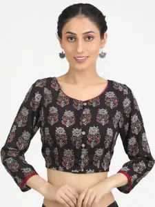 Llajja Women Black & Red Printed Pure Cotton Saree Blouse