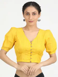 Llajja  Yellow & Gold-Toned Striped Cotton Saree Blouse