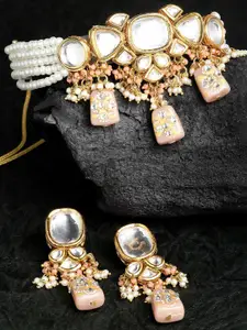 KARATCART Gold-Plated Peach Coloured White Kundan Studded Choker Necklace Set