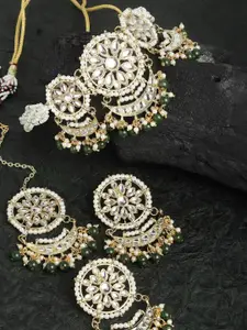 KARATCART Gold-Plated White Kundan Studded & Green Beaded Choker Necklace Set