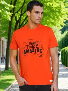 Lee Men Orange Typography Printed Slim Fit T-shirt