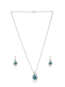 Mahi Silver-Toned & Blue Stones-Studded Pendant With Chain & Bracelete
