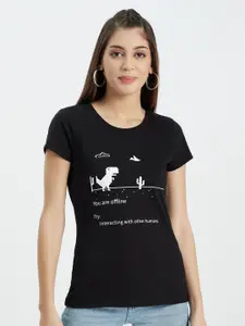 EDRIO Women Black Printed T-shirt