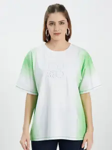 EDRIO Women Green Typography Printed Applique Oversized T-shirt