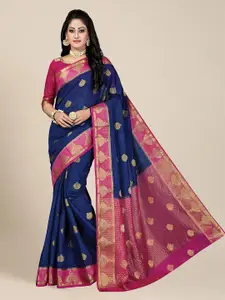 MS RETAIL Navy Blue & Pink Woven Design Zari Silk Blend Kanjeevaram Saree