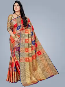 MS RETAIL Multicoloured Checked Silk Blend Kanjeevaram Saree