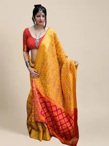 MS RETAIL Yellow & Pink Ethnic Motifs Zari Silk Blend Patola Saree
