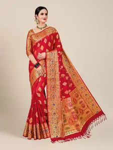 MS RETAIL Red & Gold-Toned Woven Design Zari Silk Blend Banarasi Saree