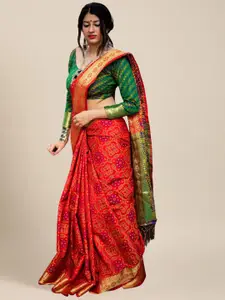 MS RETAIL Red & Green Ethnic Motifs Zari Silk Blend Patola Saree