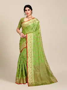 MS RETAIL Lime Green & Gold-Toned Woven Design Pure Cotton Chanderi Saree