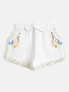 Kids On Board Girls White Embroidered High-Rise Cotton Shorts