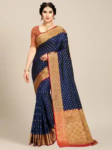 MS RETAIL Navy Blue & Red Woven Design Zari Silk Blend Banarasi Saree