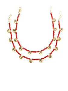 Bamboo Tree Jewels Set Of 2 Red & Gold-Toned & Plated Kundan Anklets