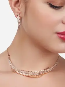 AMI Rose Gold-Plated CZ-Studded Party Bling Designer Necklace & Earring Set