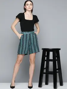 Chemistry Women Black & Sea Green Striped Belted Shorts
