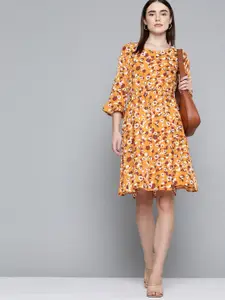Chemistry Orange & Maroon Floral Print A-Line Dress