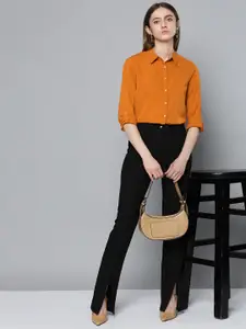 Chemistry Women Coral Orange Roll-up Sleeves Casual Shirt