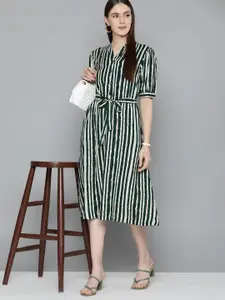 Chemistry Striped Puff Sleeves A-Line Midi Dress With Belt
