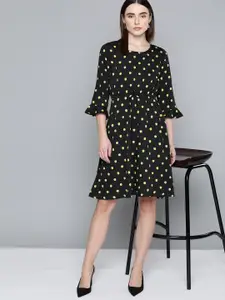 Chemistry Black &  Green Geometric Printed Fit and Flare Dress