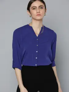 Chemistry Women Navy Blue Solid Casual Shirt