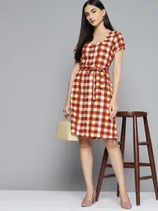 Chemistry Rust Orange & Off White Checked A-Line Dress with a Belt