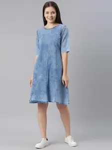 ZHEIA Women Blue Denim A-Line Dress