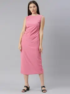 ZHEIA Pink Solid  Round Neck Crepe Casual Sheath Midi Dress