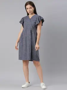 ZHEIA Navy Blue & Grey Printed Wrap-Style Dress