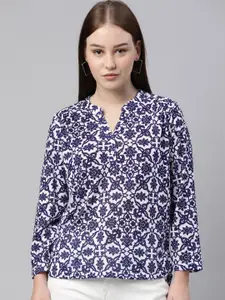 LAYA Blue & White Floral Print Mandarin Collar Top