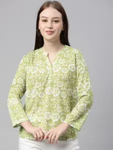 LAYA Green Floral Print Mandarin Collar Top