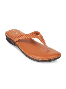 WALKWAY by Metro Women Tan T-Strap Flats with Laser Cuts