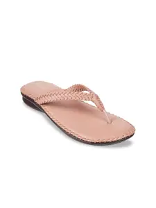 WALKWAY by Metro Women Peach-Coloured Textured T-Strap Flats with Laser Cuts