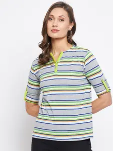 HARBOR N BAY Women Grey & Yellow Striped Henley Neck T-shirt