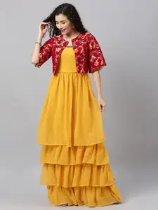 Ethnovog Yellow  Maroon Layered Georgette Ethnic Maxi Dress With Jacket