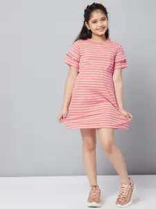 Stylo Bug Girls Pink & White Striped Pure Cotton Fit & Flare Dress