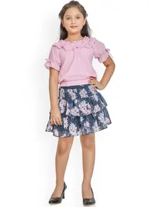 Peppermint Girls Pink & Blue Printed Top with Skirt