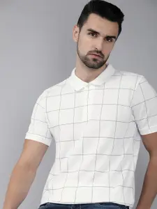 Arrow New York Men White & Black Checked Polo Collar Pure Cotton T-shirt