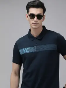 Arrow New York Men Navy Blue & Blue Typography Printed Pure Cotton Polo Collar T-shirt