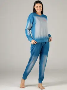 evolove Women Blue Printed Night suit
