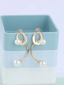 Silver Shine Gold-Toned & White Pearl Studded Contemporary Drop Earrings