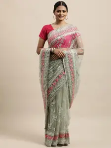 kasee Green & Pink Floral Embroidered Net Saree