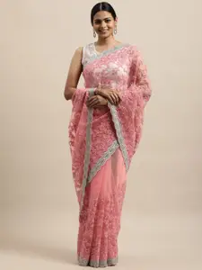 kasee Pink & Silver-Toned Floral Embroidered Net Saree