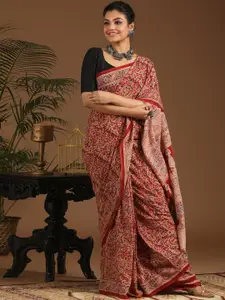 Indethnic Red & Beige Kalamkari Pure Cotton Block Print Saree