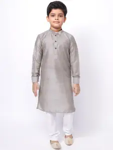NAMASKAR Boys Grey Self Design Cotton-Linen Kurta with Churidar