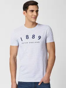Peter England Casuals Men White Typography Printed Applique Slim Fit T-shirt