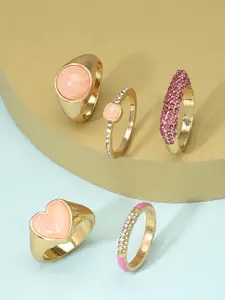 AMI Set of 5 Gold-Plated Pink & White Stone Studded Finger Ring
