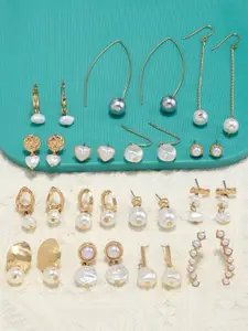 AMI Set of 15 Gold Tone Contemporary Classy Pearl Stud & Drop Earrings